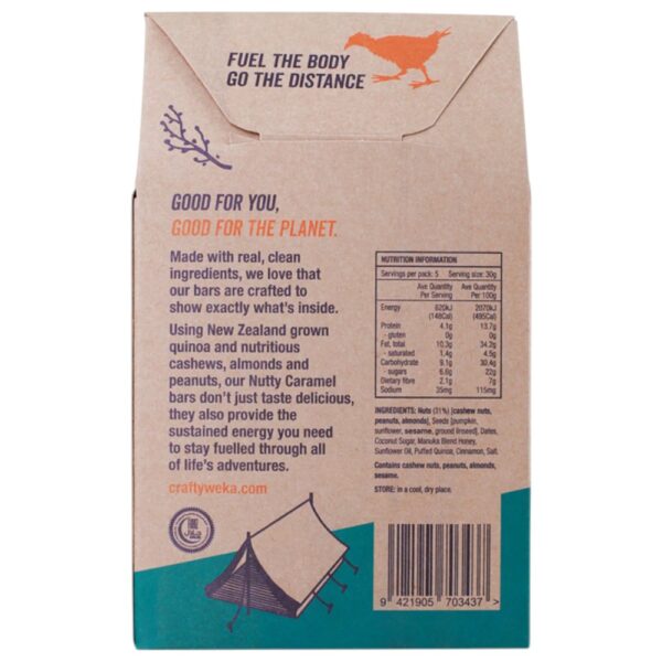 Back of a Crafty Weka gluten-free nutty caramel bar box with nutritional information and ingredients list.