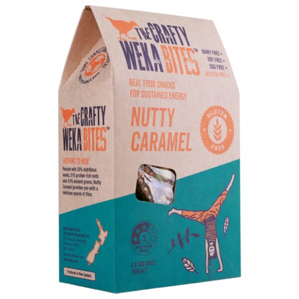 Packaging of The Crafty Weka gluten-free nutty caramel bar with a window showing the product inside.