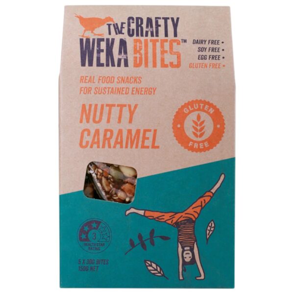Packaged gluten-free nutty caramel bar with a cartoon figure performing a handstand on the front.