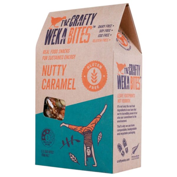Packaged gluten-free nutty caramel bars in a cardboard box with a graphic design.