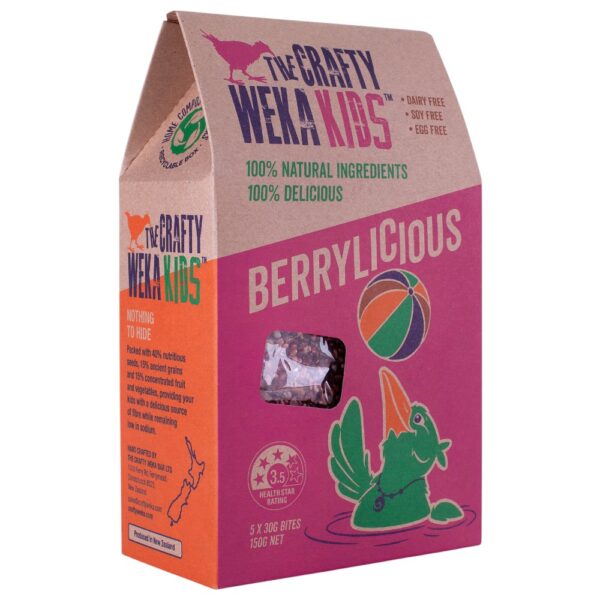 Pack of The Crafty Weka Kids Berrylicious bites, featuring a colourful design and a bird illustration.