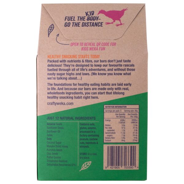 Back of a packaging for Crafty Weka Kids Berrylicious snack pack with nutritional information.