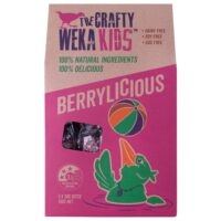 Pack of The Crafty Weka Kids Berrylicious snacks featuring a green bird illustration on the packaging.
