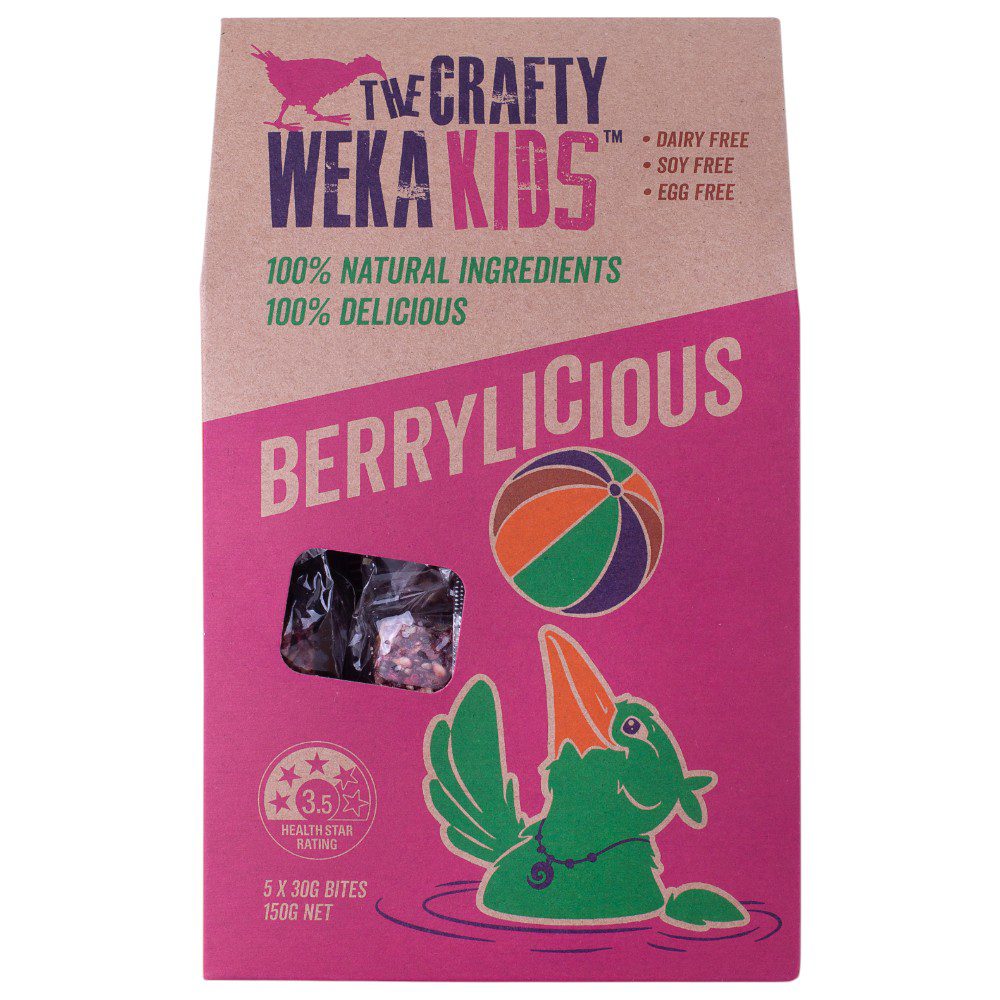 Pack of The Crafty Weka Kids Berrylicious snacks featuring a green bird illustration on the packaging.