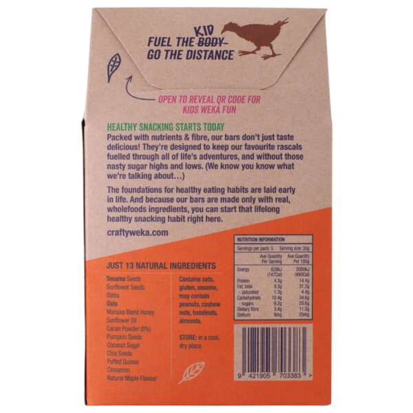 Pack of Crafty Weka Kids Chocolicious bites, containing 5 individual 30g packets.