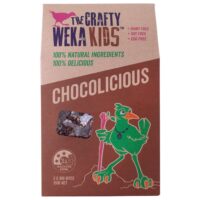 Pack of The Crafty Weka Kids Chocolicious containing five 30g bites, featuring a green bird illustration.
