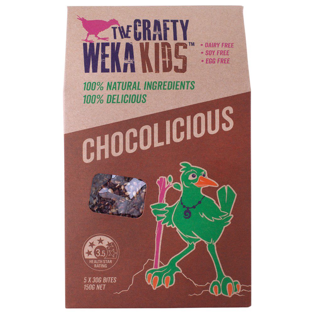 Pack of The Crafty Weka Kids Chocolicious containing five 30g bites, featuring a green bird illustration.