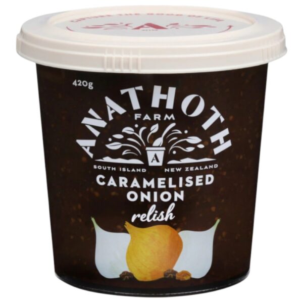 Pot of Anathoth Farm caramelised onion relish with a lid and label design.