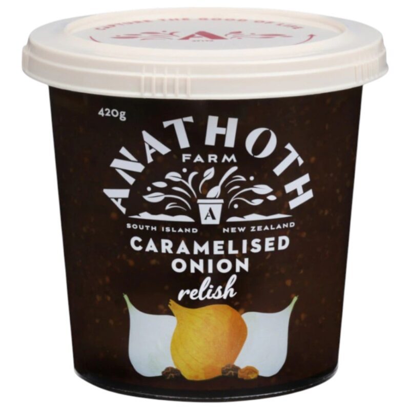Pot of Anathoth Farm caramelised onion relish with a lid and label design.
