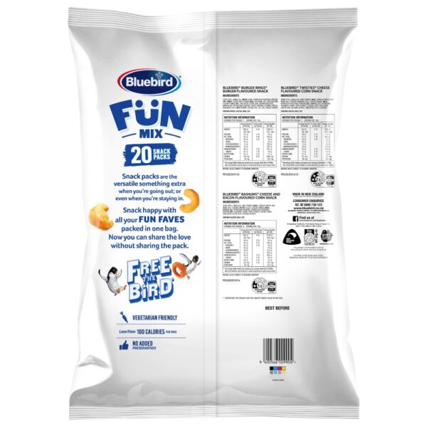 Back of a Bluebird Fun Mix multipack featuring 20 snack packs with nutritional information.