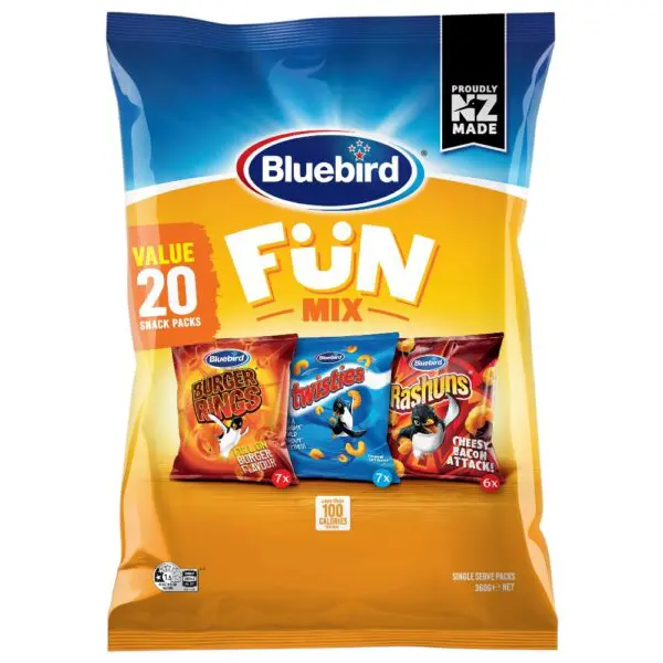Bluebird Fun Mix multipack containing Burger Rings, Twisties and Rashuns snack packs.