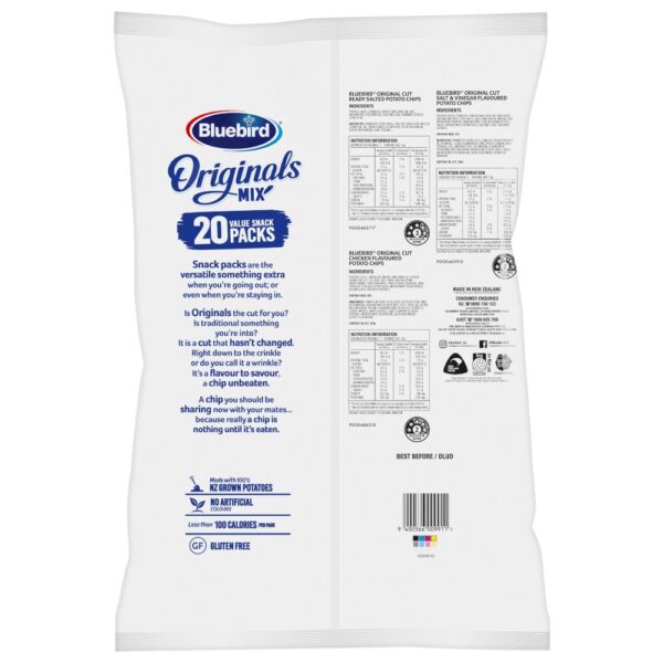 Back of a 20-pack Bluebird Originals Mix chips bag showing nutritional information and ingredients.