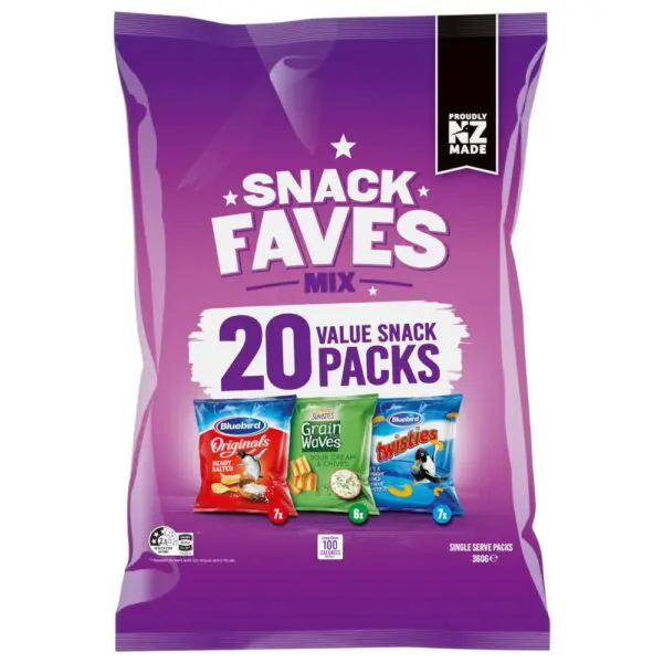 Pack of Bluebird Snack Faves mix containing various single serve snack packs.