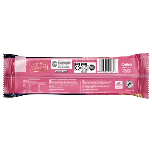 Back packaging of Griffin's Chocolate Macaroon Biscuits 200g with nutritional information and ingredients list.