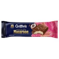 Pack of Griffin's chocolate macaroon biscuits featuring a chocolate-covered macaroon.