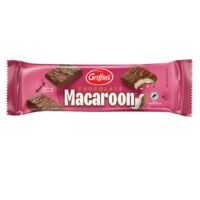 Pack of Griffin's chocolate macaroon biscuits featuring a pink wrapper and visible biscuit pieces.