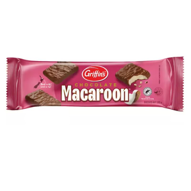 Pack of Griffin's chocolate macaroon biscuits featuring a pink wrapper and visible biscuit pieces.