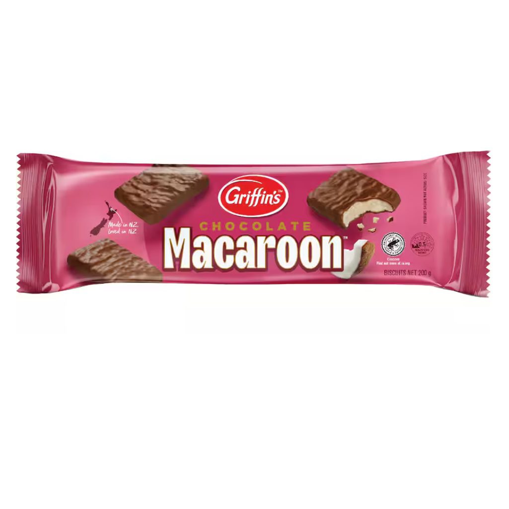 Pack of Griffin's chocolate macaroon biscuits featuring a pink wrapper and visible biscuit pieces.