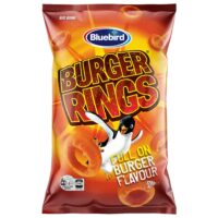 Pack of Bluebird Burger Rings snack featuring a penguin and bold text on a red background.
