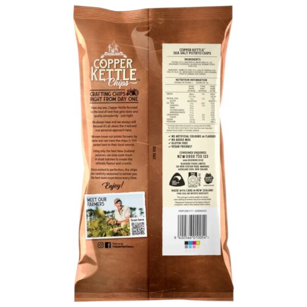Back packaging of Copper Kettle Sea Salt Potato Chips, featuring ingredients and nutritional information.