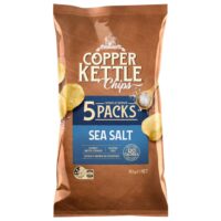 Copper Kettle chips multipack featuring five single serve packs of sea salt flavour.