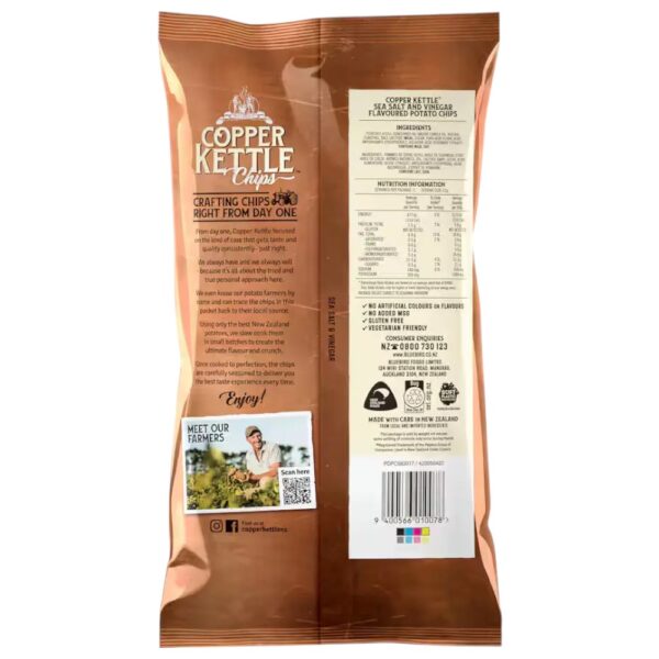 Back packaging of Copper Kettle salt and vinegar potato chips, 110g size, with nutritional information.