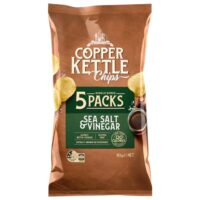 Pack of Copper Kettle sea salt and vinegar potato chips in a 110g bag with five single serve packs.