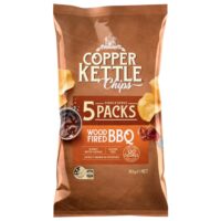 Pack of Copper Kettle Wood Fired BBQ potato chips in a 110g bag with five single serve packs.