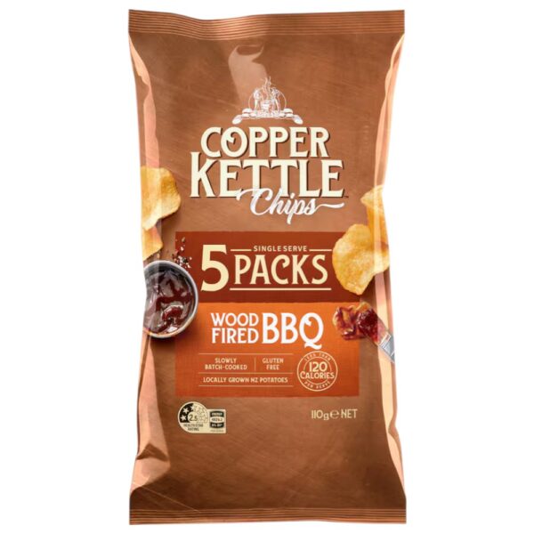 Pack of Copper Kettle Wood Fired BBQ potato chips in a 110g bag with five single serve packs.