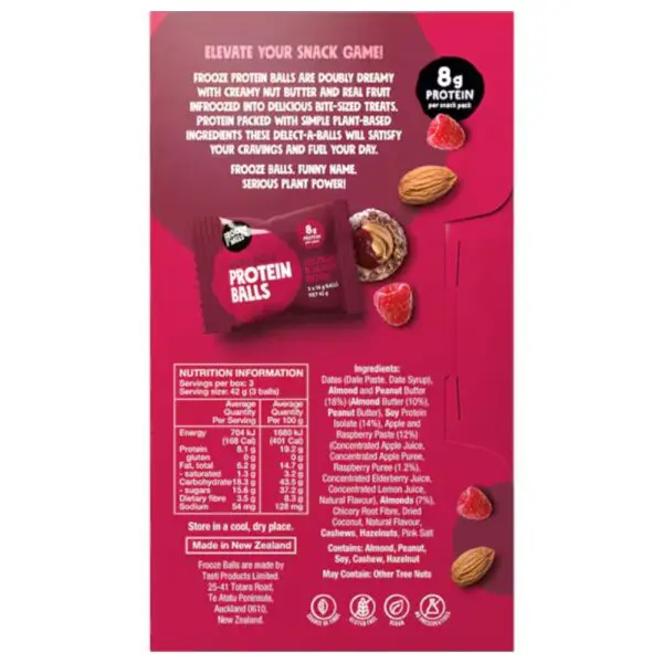 Back packaging of Frooze protein snack balls with raspberry and almond flavour, showing nutritional information.