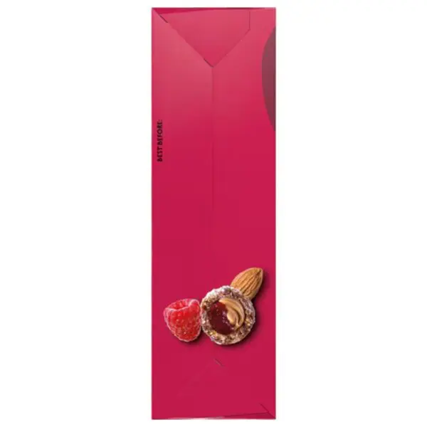 Packaging for raspberry almond protein snack balls featuring a raspberry and almond on the front.
