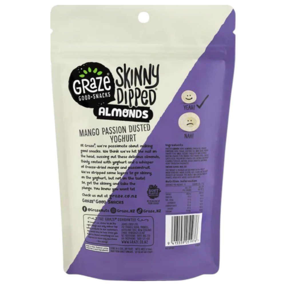 Back view of a 300g pack of Graze Skinny Dipped Mango Passion Dust Yogurt Almonds.