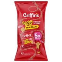 Red packaging of Griffin's Cookie Bear Mini Bears biscuits with five snack packs inside.