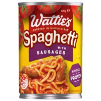 Can of Wattie's spaghetti with sausages, featuring a bright label and clear product information.