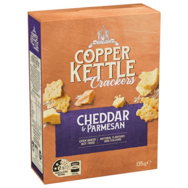 Box of Copper Kettle Cheddar and Parmesan Crackers weighing 135 grams with a simple design.