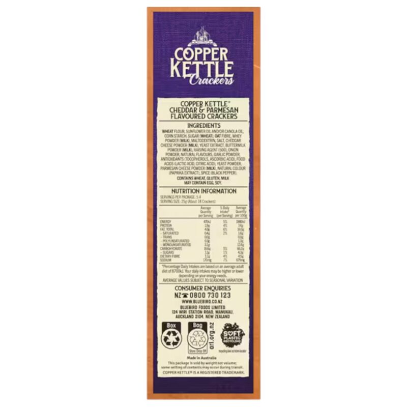 Packaging of Copper Kettle Cheddar and Parmesan flavoured crackers with ingredient and nutrition information.