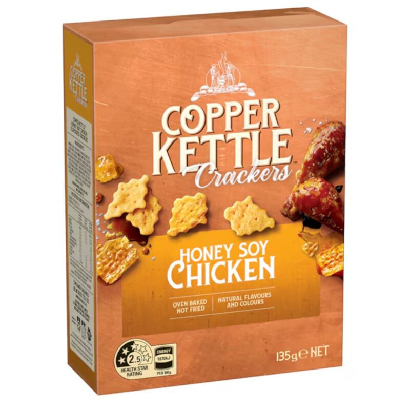 Box of Copper Kettle Honey Soy Chicken Crackers weighing 135g with a clear view of the packaging.