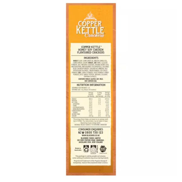 Nutritional information label for Copper Kettle Honey Soy Chicken flavoured crackers.