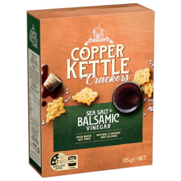 Box of Copper Kettle Crackers with sea salt and balsamic vinegar flavour, 135g packaging.