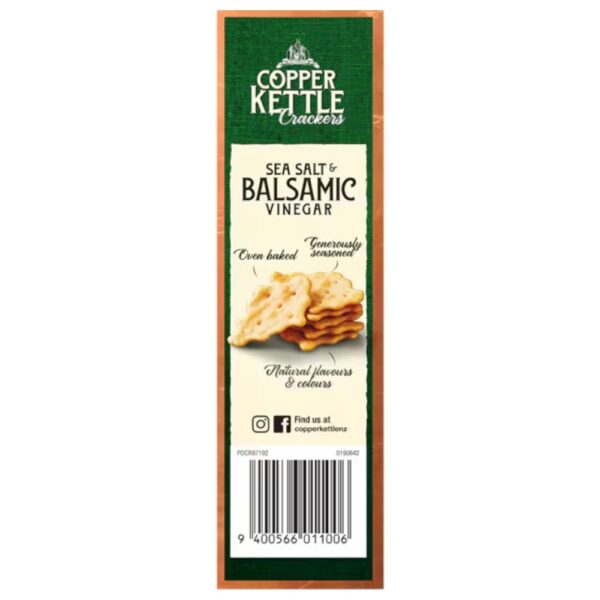 Packaging of Copper Kettle crackers with sea salt and balsamic vinegar flavour, featuring a green background and images of the crackers.