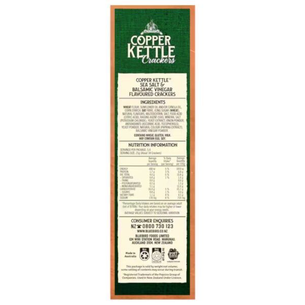 Nutritional information label for Copper Kettle Crackers with sea salt and balsamic vinegar flavour.