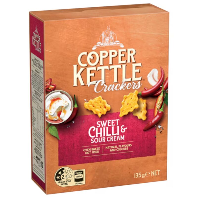 Packaged Copper Kettle Crackers with sweet chilli and sour cream flavour, 135g box.