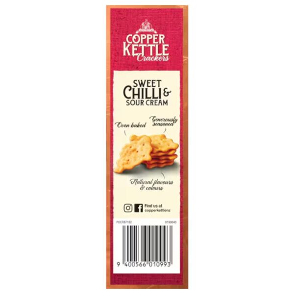 Packaging of Copper Kettle Sweet Chilli and Sour Cream Crackers featuring images of the crackers and product details.