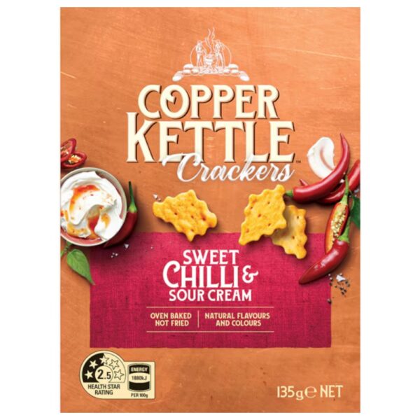 Pack of Copper Kettle Crackers with Sweet Chilli and Sour Cream flavour, weighing 135g.