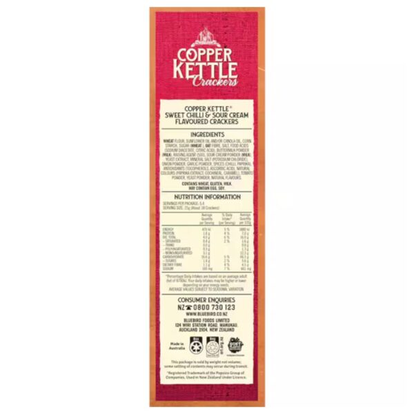 Nutritional information label for Copper Kettle Sweet Chilli and Sour Cream flavoured crackers.