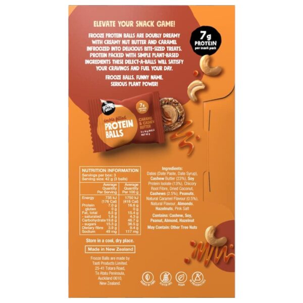 Back packaging of Frooze Balls caramel cashew protein snack balls with nutritional information.