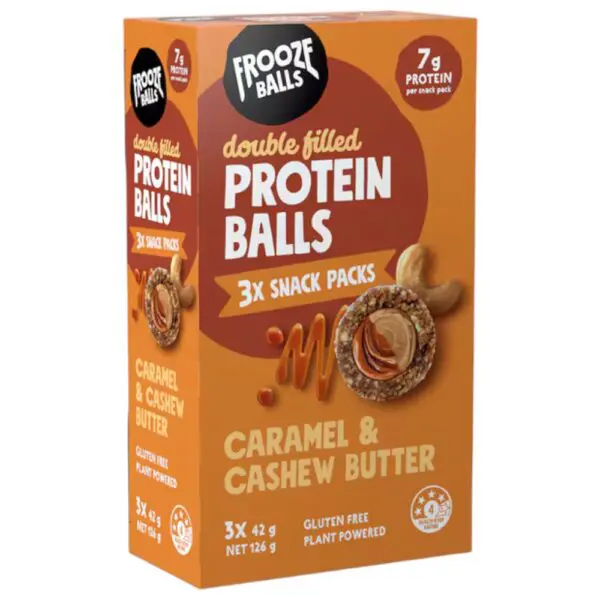 Box of Frooze Balls containing three packs of caramel and cashew butter protein snack balls.