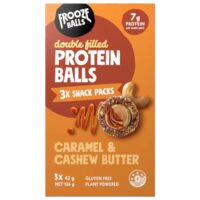 Packaging of Frooze Balls caramel and cashew butter protein snack balls with three individual packs inside.