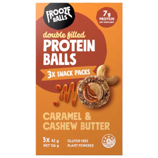 Packaging of Frooze Balls caramel and cashew butter protein snack balls with three individual packs inside.