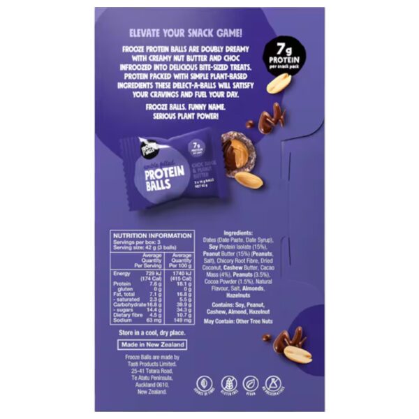 Back packaging of Frooze protein snack balls with chocolate fudge and peanut butter flavour.